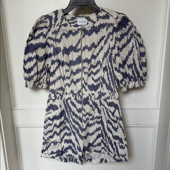 SAYLOR RAFAELA DENIM SHORTS ROMPER Blue Zebra Print Womens Size Small - Picture 2 of 13